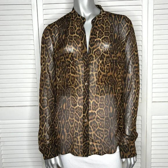 BCBGMAXAZRIA Anderson Leopard Print Sheer 100% Silk Button Front Blouse Shirt S - Picture 2 of 8
